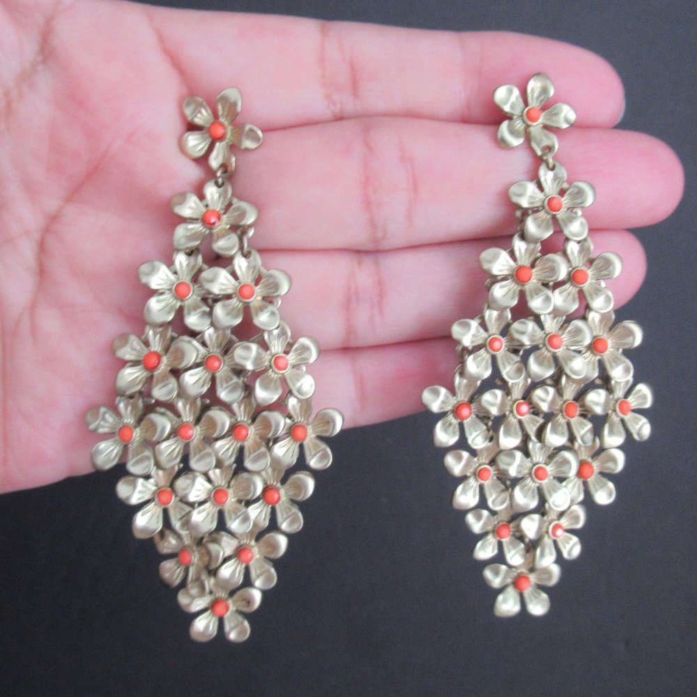 New Chandelier Floral Pierced Earrings Gold Matte Tone w/Orange beads 3" Long